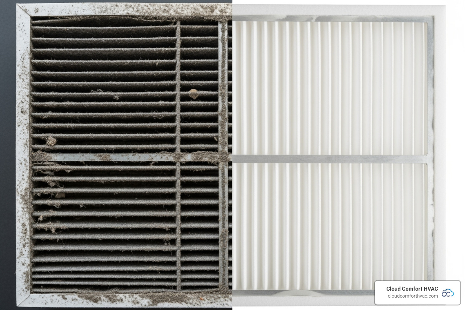 A split image showing a very dirty, clogged HVAC air filter on one side and a brand new, clean air filter on the other, emphasizing the importance of regular replacement. - emergency hvac repair carson, ca