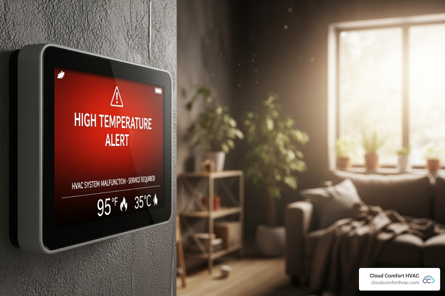 A close-up image of a smart thermostat displaying a high temperature warning and an error message, with the background slightly blurred to show an uncomfortable-looking room. - emergency hvac repair carson, ca