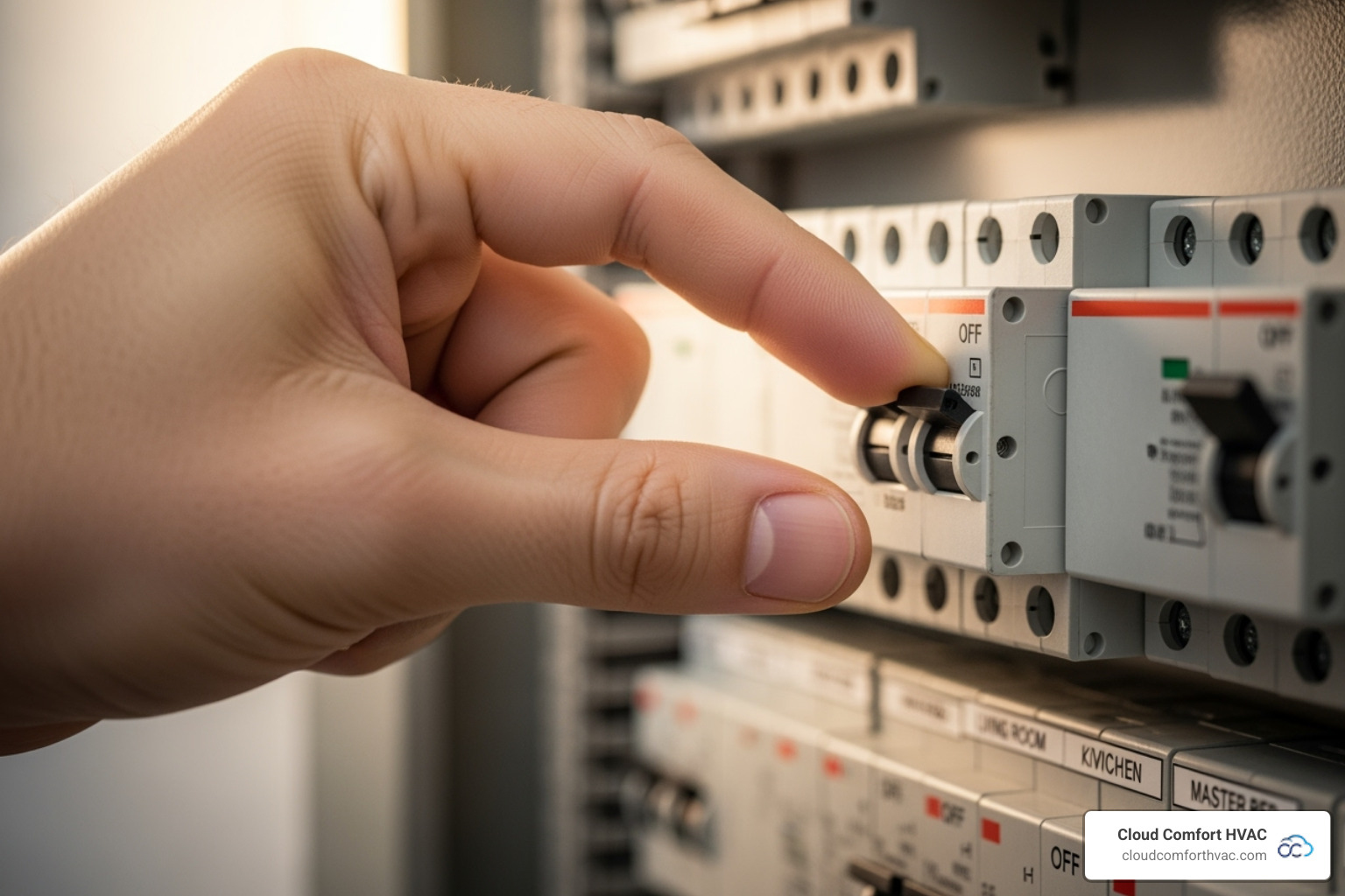 A close-up image of a homeowner's hand carefully flipping a circuit breaker switch in a modern electrical panel, emphasizing safety and control. - emergency hvac repair carson, ca