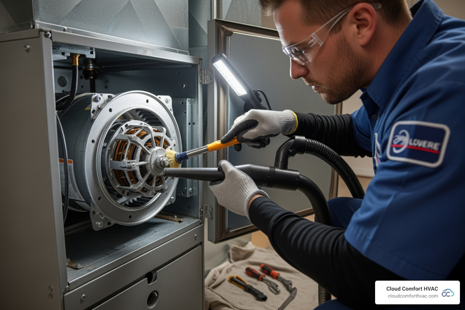 technician cleaning a furnace blower motor - furnace repair carson, ca