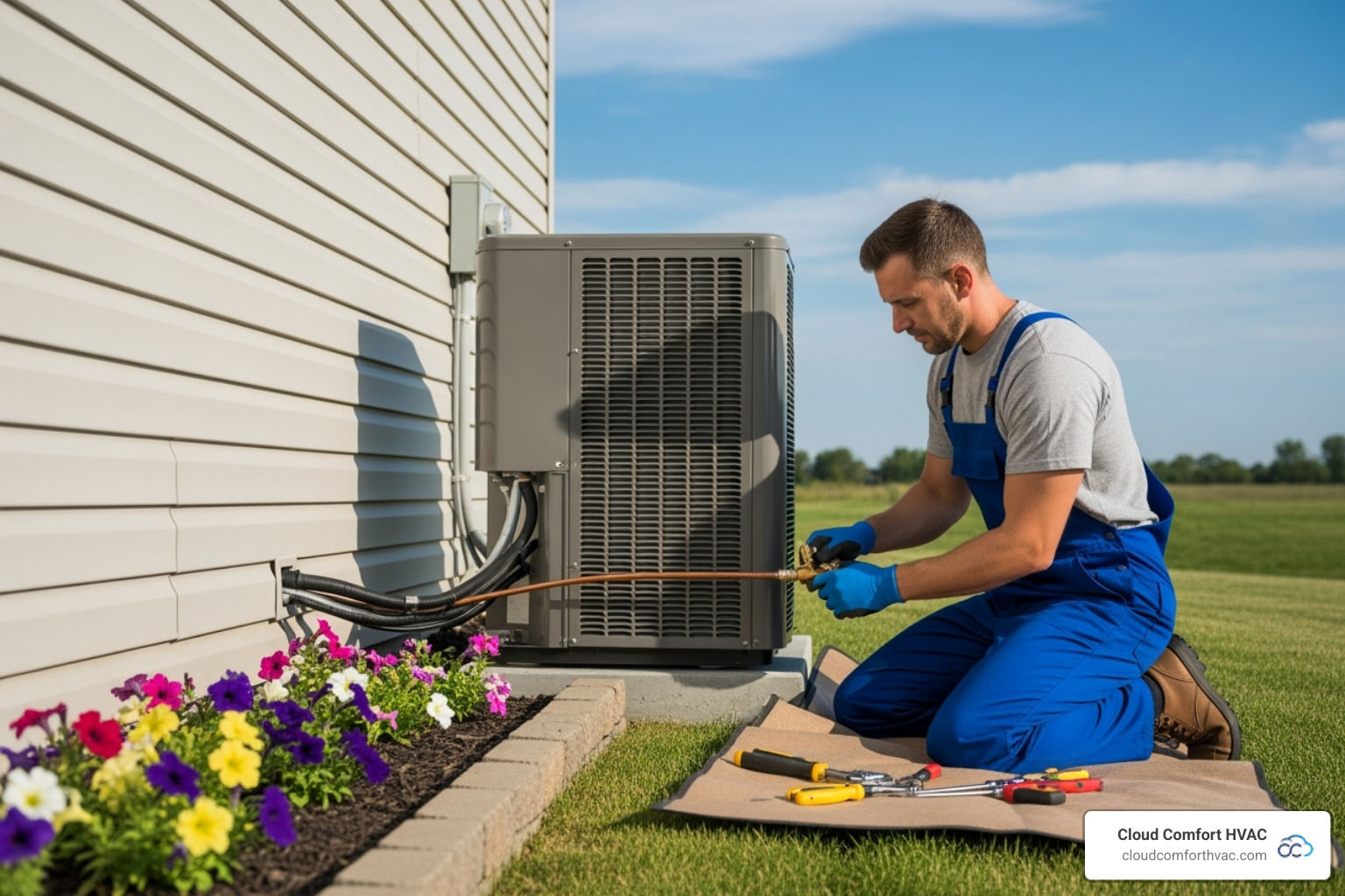 A professional technician installing an outdoor heat pump unit - heat pump installation carson, ca