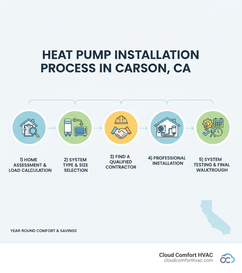 Infographic showing the heat pump installation process in Carson, CA: 1) Initial home assessment and load calculation, 2) Choosing the right system type and size, 3) Finding a qualified licensed contractor, 4) Professional installation including outdoor and indoor units, 5) System testing and final walkthrough, 6) Annual maintenance schedule for longevity - heat pump installation carson, ca infographic 