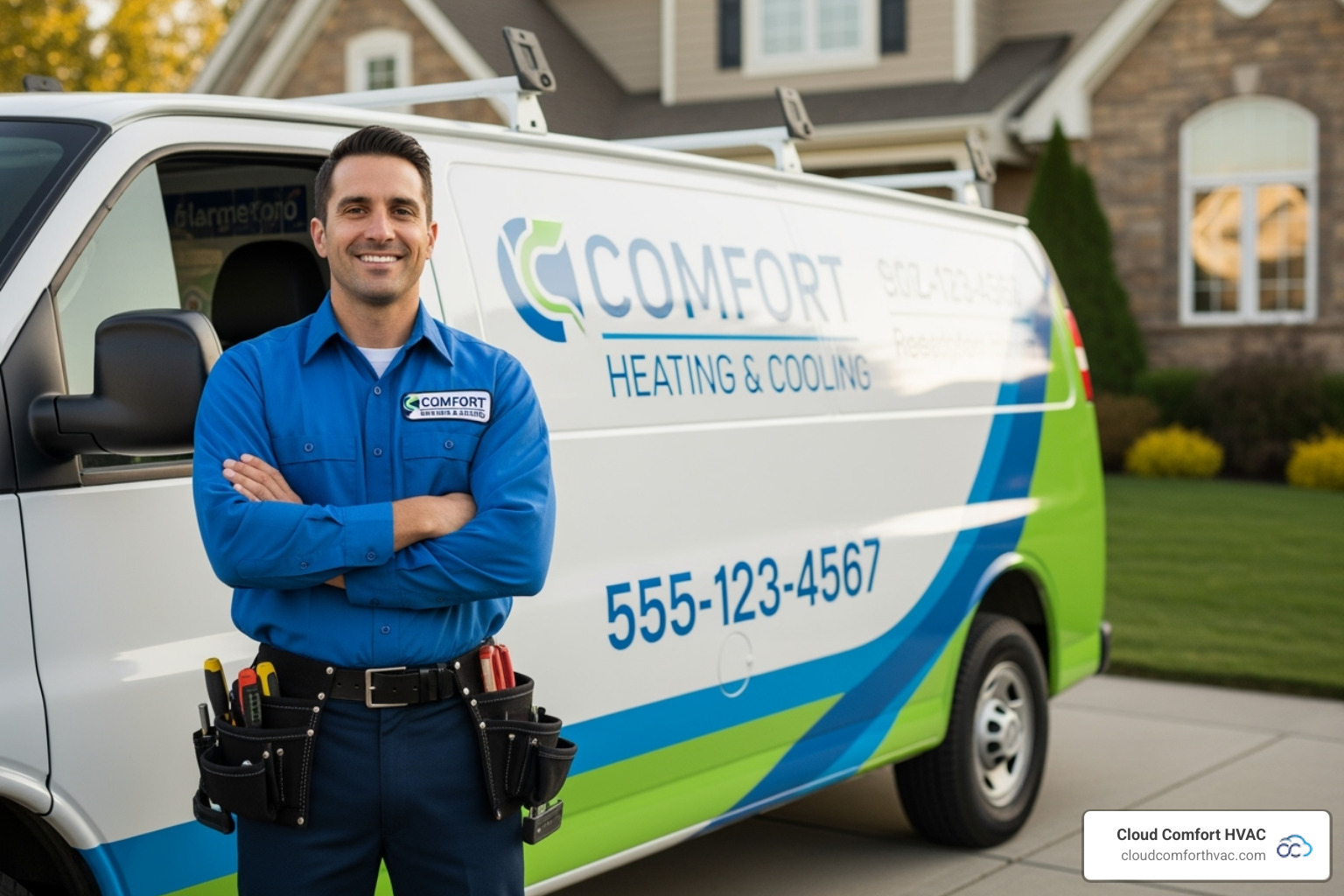 A friendly, professional HVAC technician in uniform, smiling and standing confidently beside a clean, branded company van in front of a residential home. - hvac maintenance carson, ca