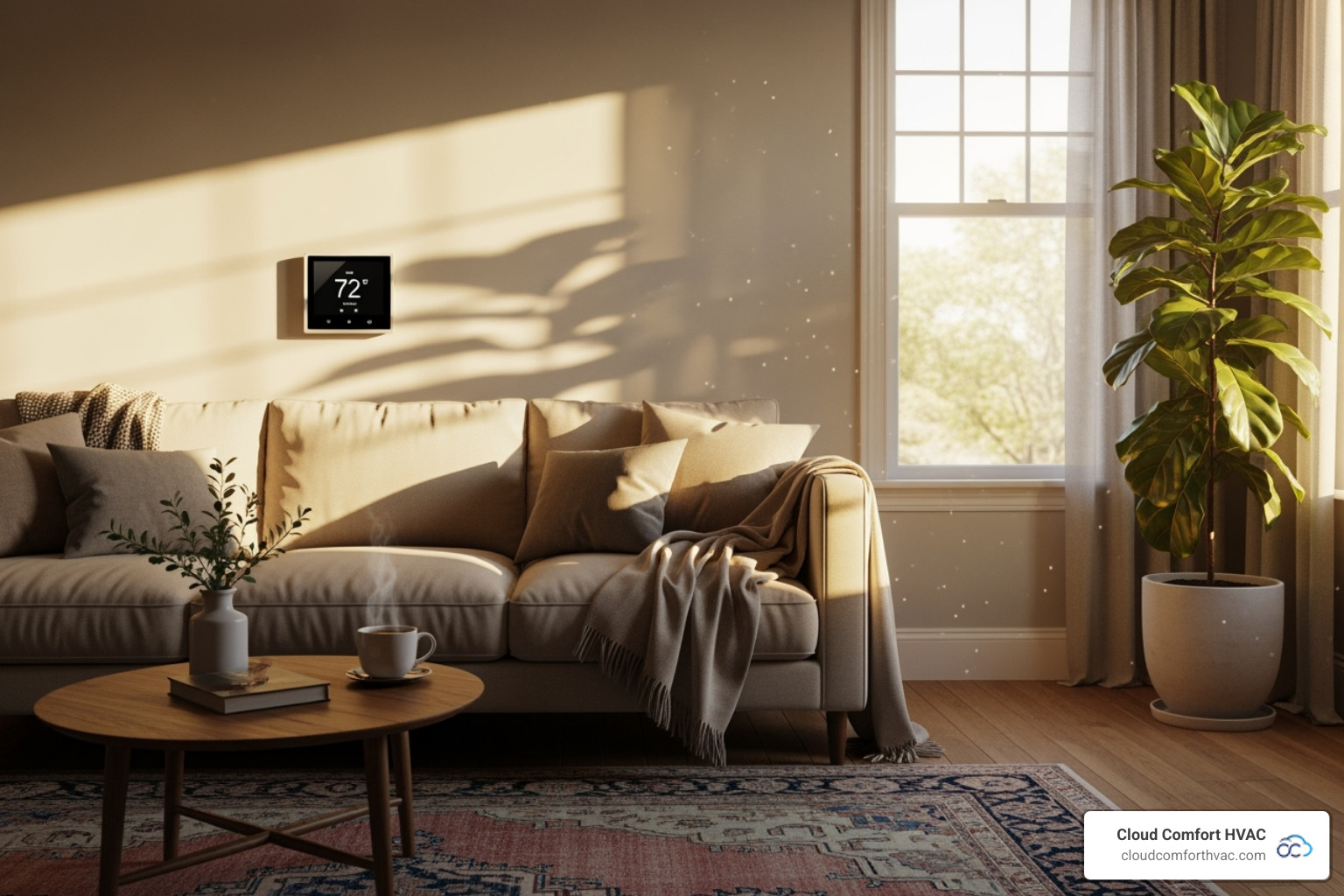 A cozy living room scene with sunlight streaming through a window, a comfortable sofa, and a subtle indicator of a well-functioning HVAC system (e.g., a modern thermostat on the wall), conveying warmth and comfort. - hvac maintenance carson, ca