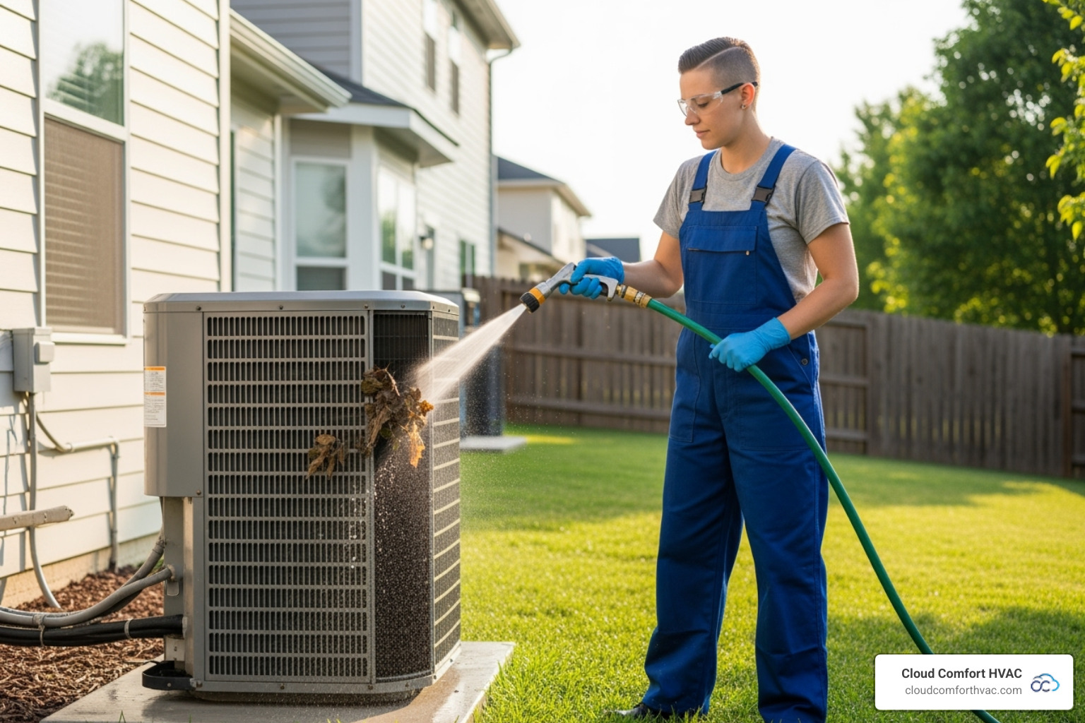 A technician wearing gloves and safety glasses carefully cleaning the outdoor condenser unit of an HVAC system with a hose, removing dirt and debris. - hvac maintenance carson, ca