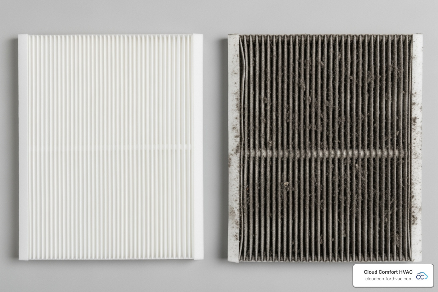 clean HVAC filter next to a dirty one - air purifier installation carson, ca