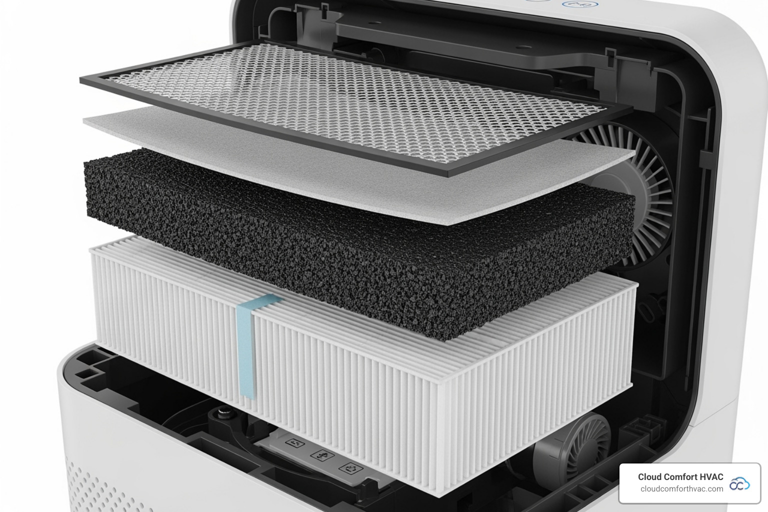 inside of an air purifier showing multiple filtration layers - air purifier installation carson, ca