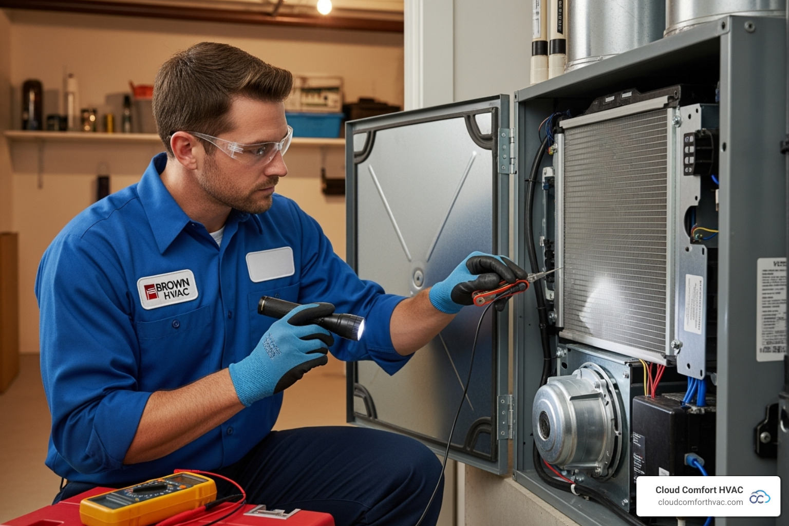 technician inspecting an indoor air handler unit - ac repair manhattan beach, ca