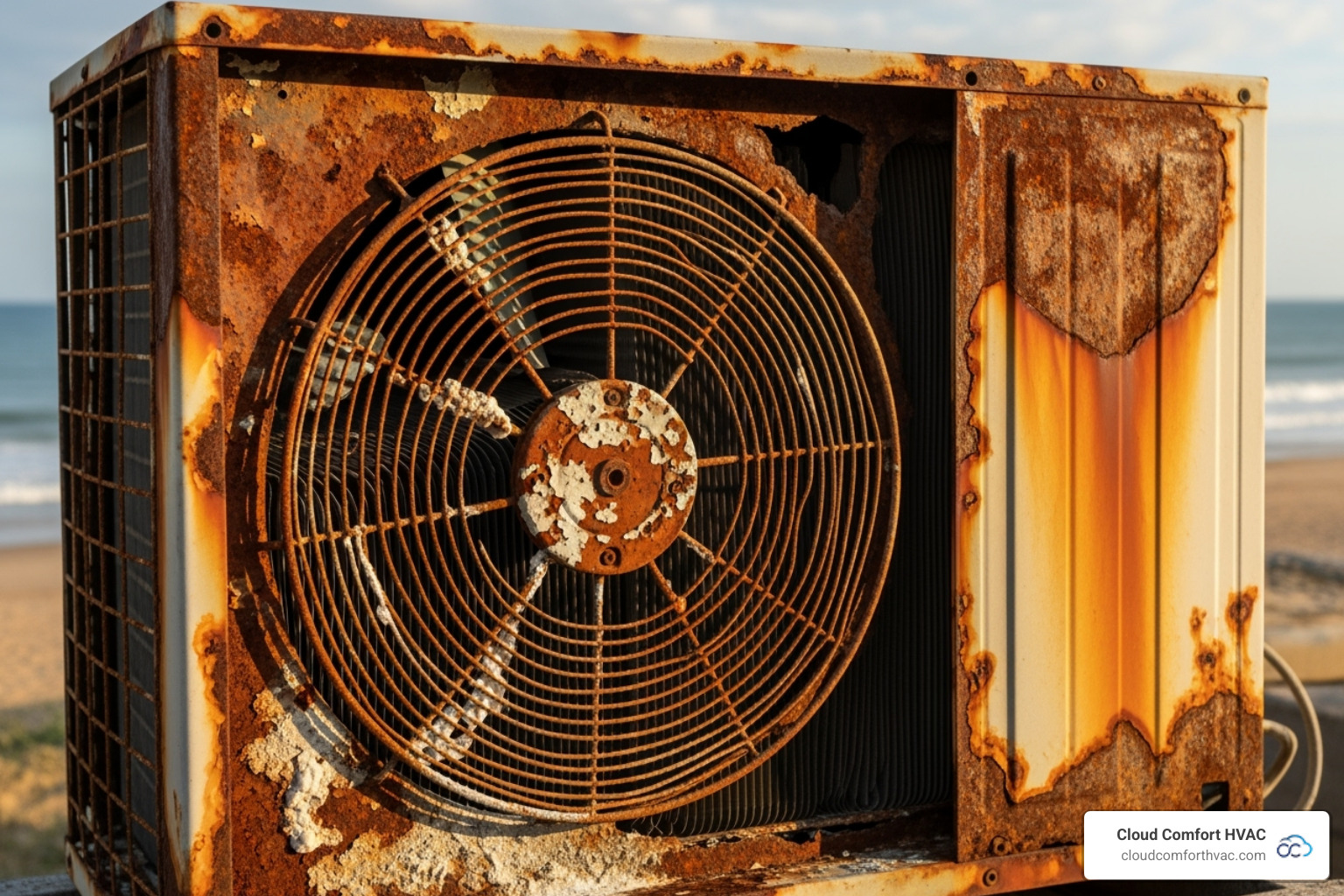 corroded outdoor AC unit near the coast - ac repair manhattan beach, ca