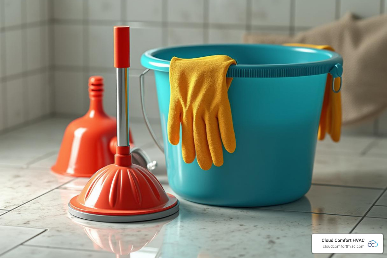 necessary tools laid out: plunger, drain snake, gloves, bucket - Bathtub drain cleaning necessary tools laid out: plunger, drain snake, gloves, bucket - Bathtub drain cleaning