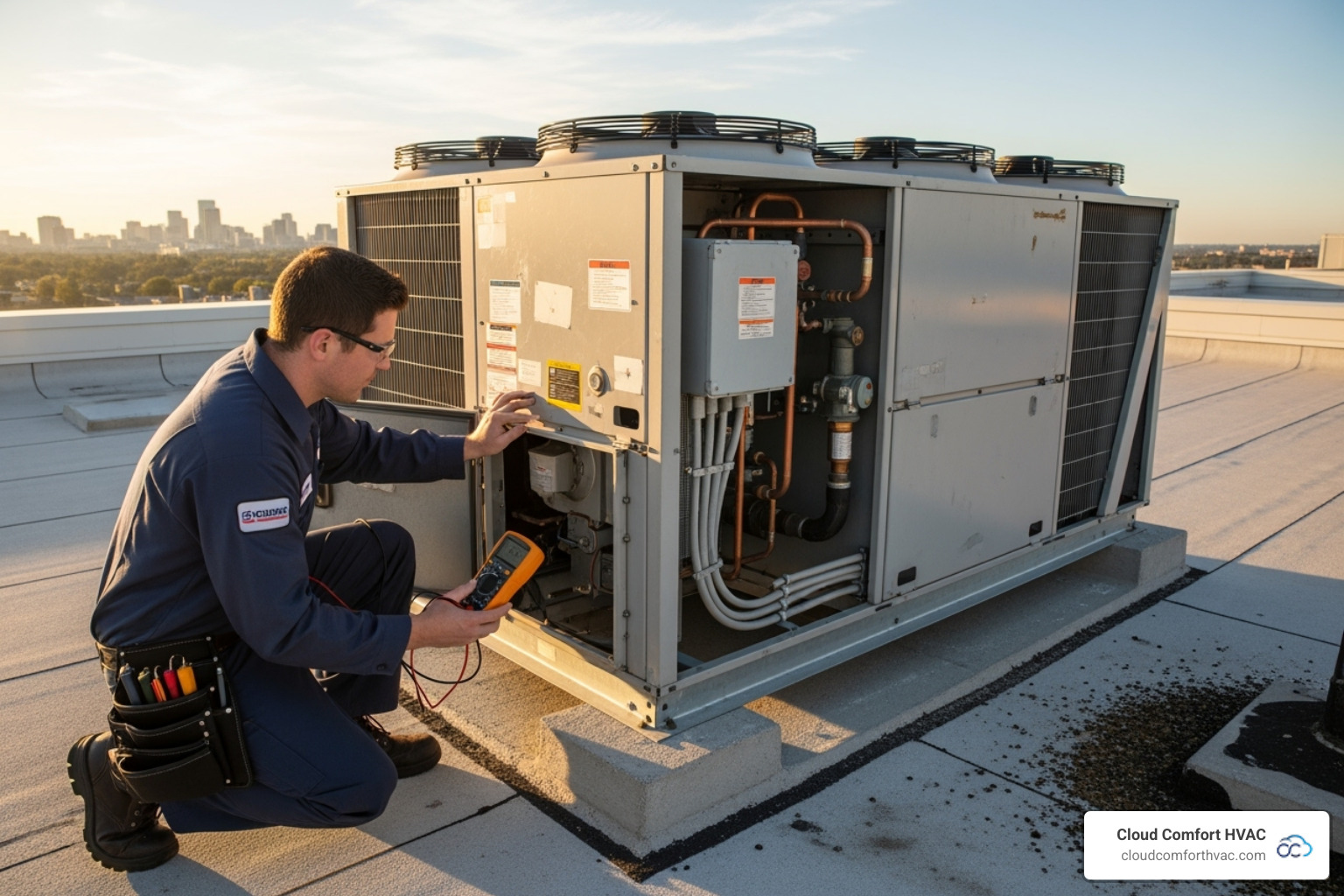 a technician inspecting a large commercial HVAC unit - commercial hvac repair carson, ca a technician inspecting a large commercial HVAC unit - commercial hvac repair carson, ca