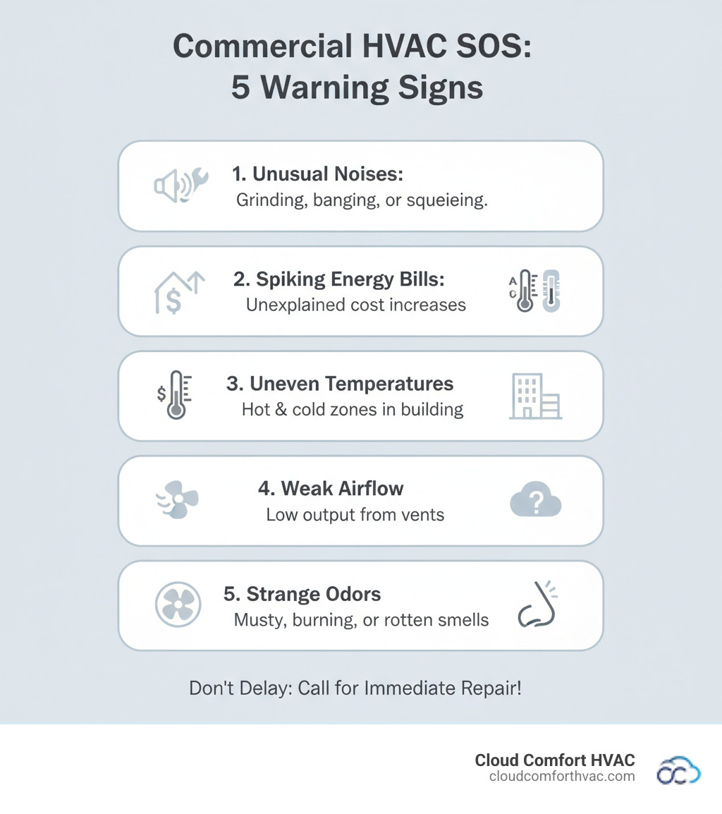 infographic showing five key warning signs that indicate immediate commercial HVAC repair needs: unusual noises from equipment, rising energy bills without explanation, inconsistent temperatures throughout building, weak airflow from vents, and strange odors when system runs - commercial hvac repair carson, ca infographic  infographic showing five key warning signs that indicate immediate commercial HVAC repair needs: unusual noises from equipment, rising energy bills without explanation, inconsistent temperatures throughout building, weak airflow from vents, and strange odors when system runs - commercial hvac repair carson, ca infographic
