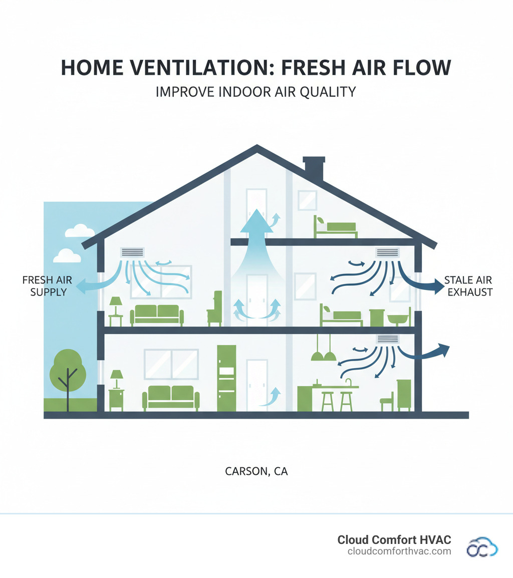 infographic showing fresh air entering through supply vents, stale air exiting through exhaust vents, and arrows indicating airflow patterns throughout a cross-section of a home with proper ventilation - ventilation system installation carson, ca infographic  infographic showing fresh air entering through supply vents, stale air exiting through exhaust vents, and arrows indicating airflow patterns throughout a cross-section of a home with proper ventilation - ventilation system installation carson, ca infographic