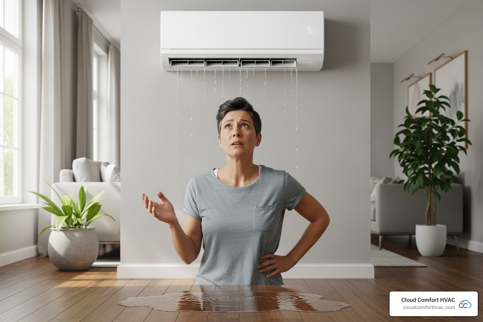 homeowner looking concerned at a mini split unit that is dripping water - mini split repair carson, ca homeowner looking concerned at a mini split unit that is dripping water - mini split repair carson, ca