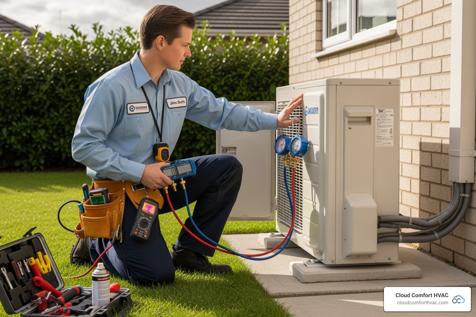 professional, uniformed technician using diagnostic tools on an outdoor mini split unit - mini split repair carson, ca professional, uniformed technician using diagnostic tools on an outdoor mini split unit - mini split repair carson, ca
