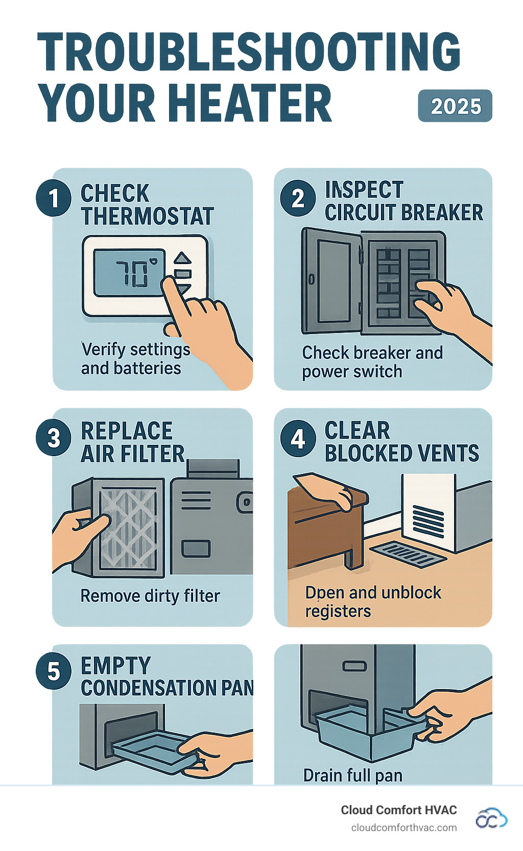 Infographic showing the 5 most common DIY heater fixes: checking thermostat settings and batteries, inspecting circuit breaker and power switch, replacing dirty air filter, clearing blocked vents and registers, and emptying full condensation pan with step-by-step visual instructions for each fix - heating system problems infographic  Infographic showing the 5 most common DIY heater fixes: checking thermostat settings and batteries, inspecting circuit breaker and power switch, replacing dirty air filter, clearing blocked vents and registers, and emptying full condensation pan with step-by-step visual instructions for each fix - heating system problems infographic