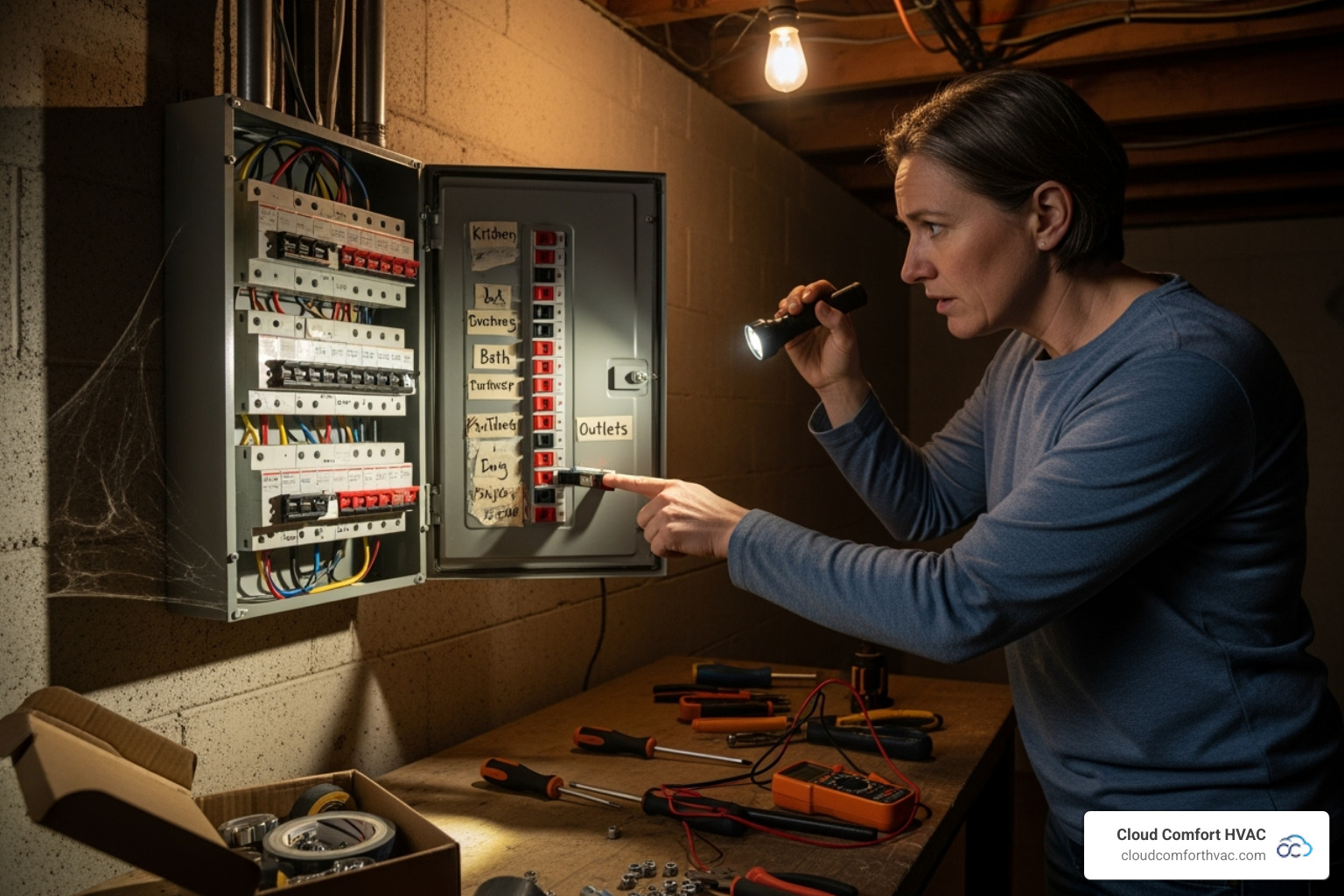 a homeowner checking their circuit breaker box - heating system problems a homeowner checking their circuit breaker box - heating system problems