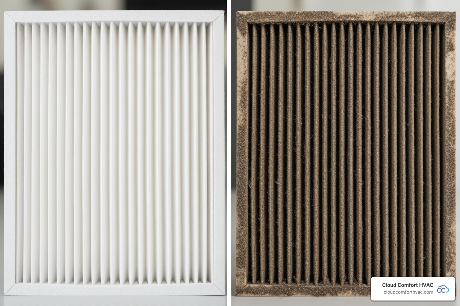 a clean air filter next to a dirty, clogged one - heating system problems a clean air filter next to a dirty, clogged one - heating system problems