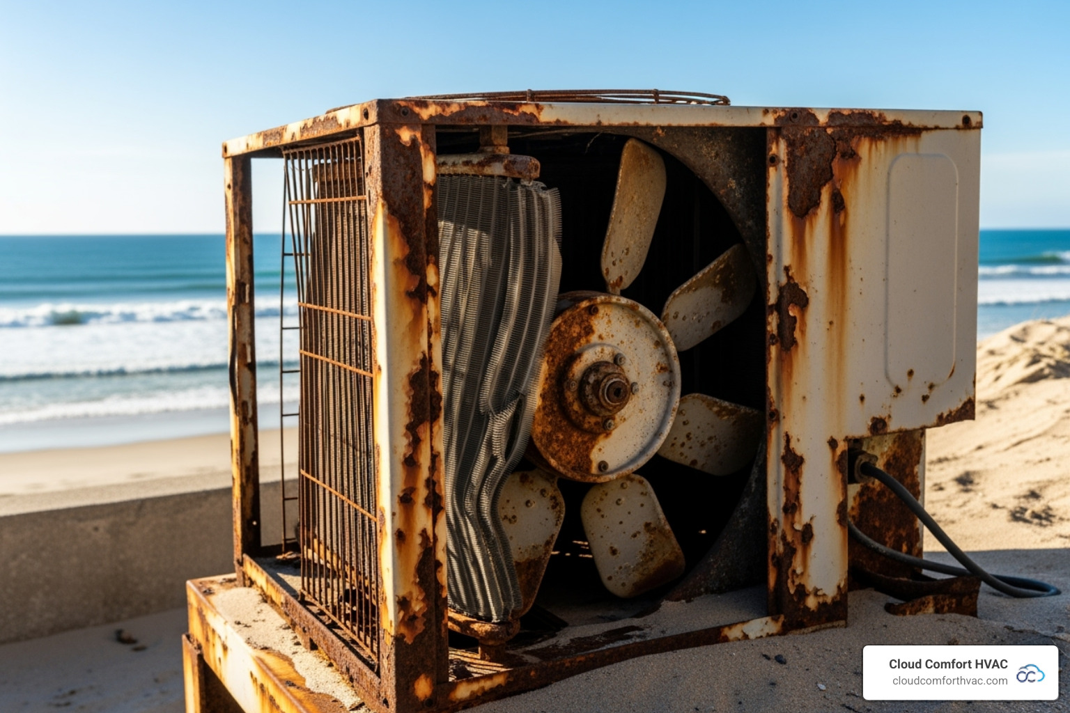 of a corroded outdoor HVAC unit with a coastal background - emergency hvac repair rancho palos verdes, ca of a corroded outdoor HVAC unit with a coastal background - emergency hvac repair rancho palos verdes, ca