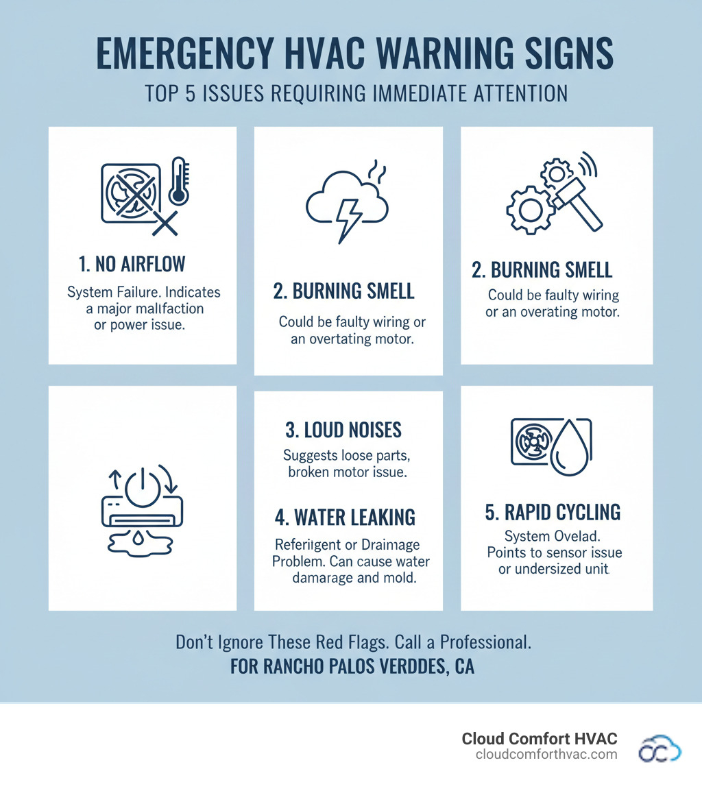 Infographic showing the top 5 emergency HVAC warning signs: 1. Complete system failure with no air blowing, 2. Burning or electrical smell from vents, 3. Loud grinding or banging noises, 4. Water leaking around the unit, 5. System rapidly cycling on and off. Each sign includes a simple icon and brief description of why it requires immediate professional attention. - emergency hvac repair rancho palos verdes, ca infographic  Infographic showing the top 5 emergency HVAC warning signs: 1. Complete system failure with no air blowing, 2. Burning or electrical smell from vents, 3. Loud grinding or banging noises, 4. Water leaking around the unit, 5. System rapidly cycling on and off. Each sign includes a simple icon and brief description of why it requires immediate professional attention. - emergency hvac repair rancho palos verdes, ca infographic