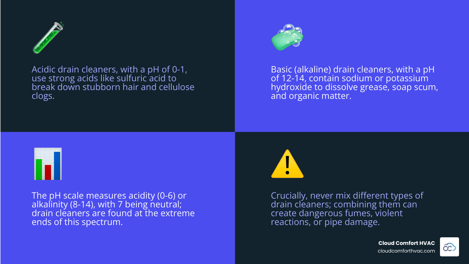 infographic showing pH scale from 0 to 14, with acidic drain cleaners at pH 0-1 marked in red on the left, neutral water at pH 7 in the center, and basic drain cleaners at pH 12-14 marked in blue on the right, with icons showing hair and grease clogs - is drain cleaner acidic or basic infographic 4_facts_emoji_blue
