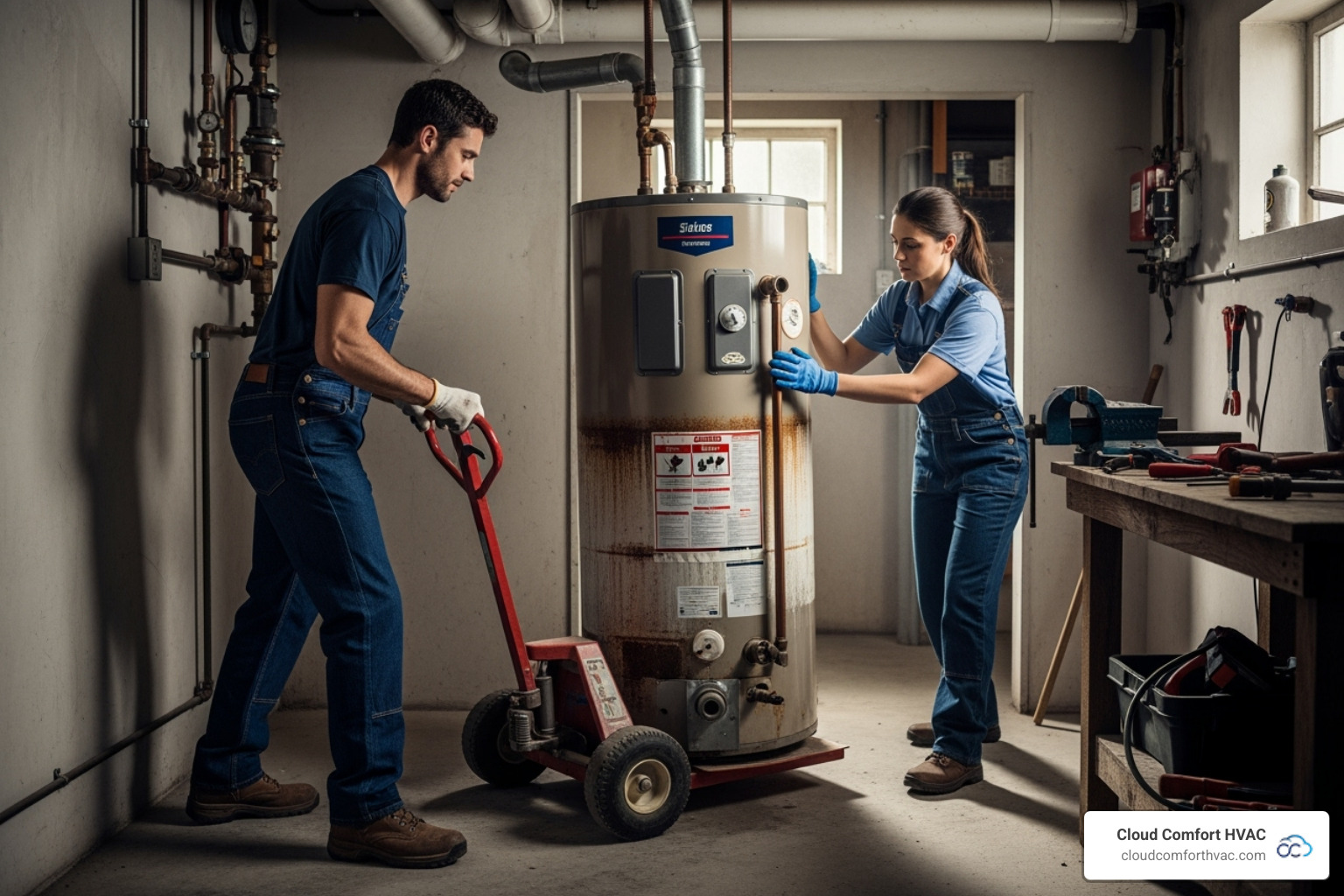 Two people using an appliance dolly to move an old water heater - water heater removal Two people using an appliance dolly to move an old water heater - water heater removal