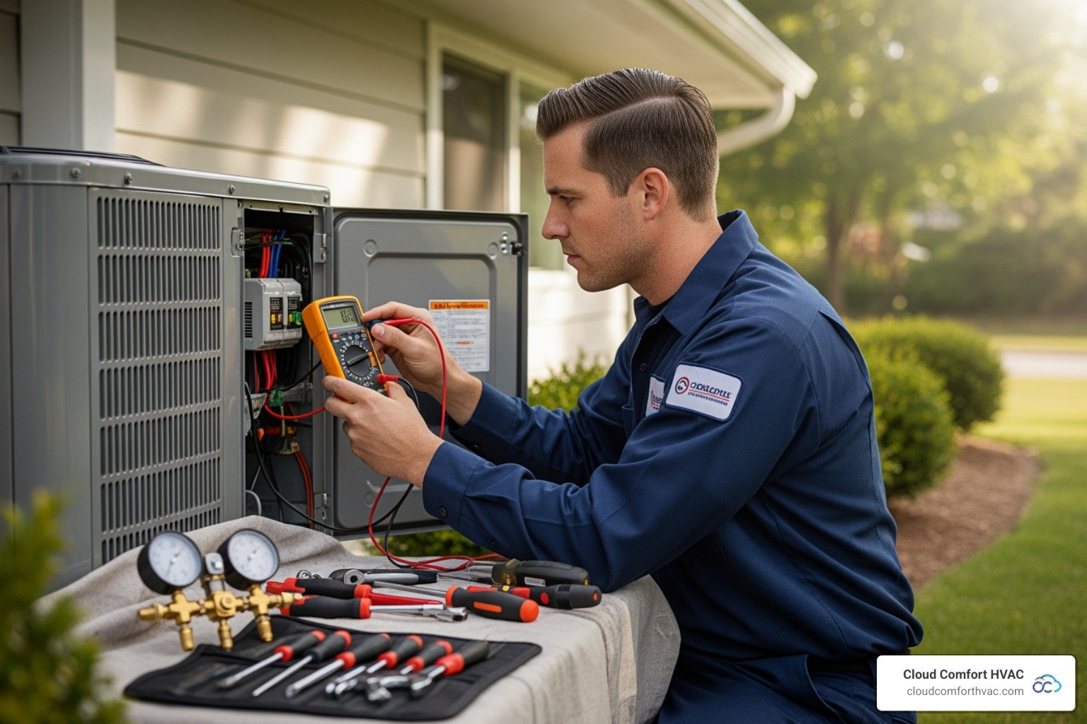 A skilled HVAC technician in uniform performing a diagnostic check on an outdoor air conditioning unit, using tools and looking focused. - hvac repair torrance ca