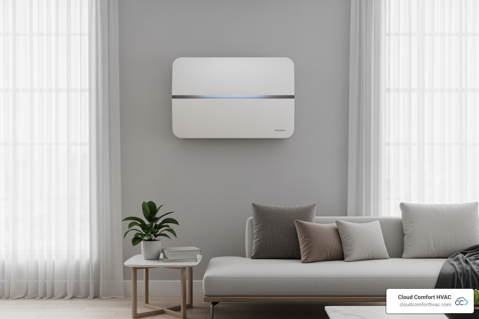 A modern, sleek, and high-efficiency ductless mini-split unit mounted on a wall in a contemporary living space, subtly blending with the decor. - hvac repair torrance ca