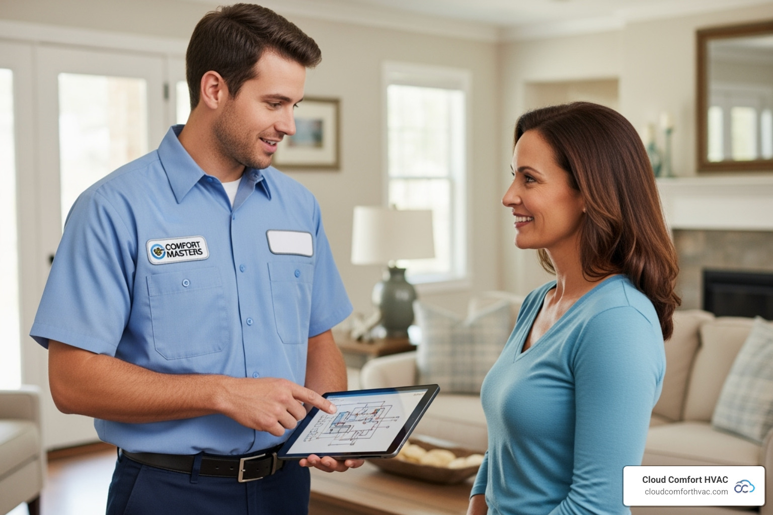 friendly professional technician speaking with a homeowner - ductless heating installation contractor harbor city ca friendly professional technician speaking with a homeowner - ductless heating installation contractor harbor city ca