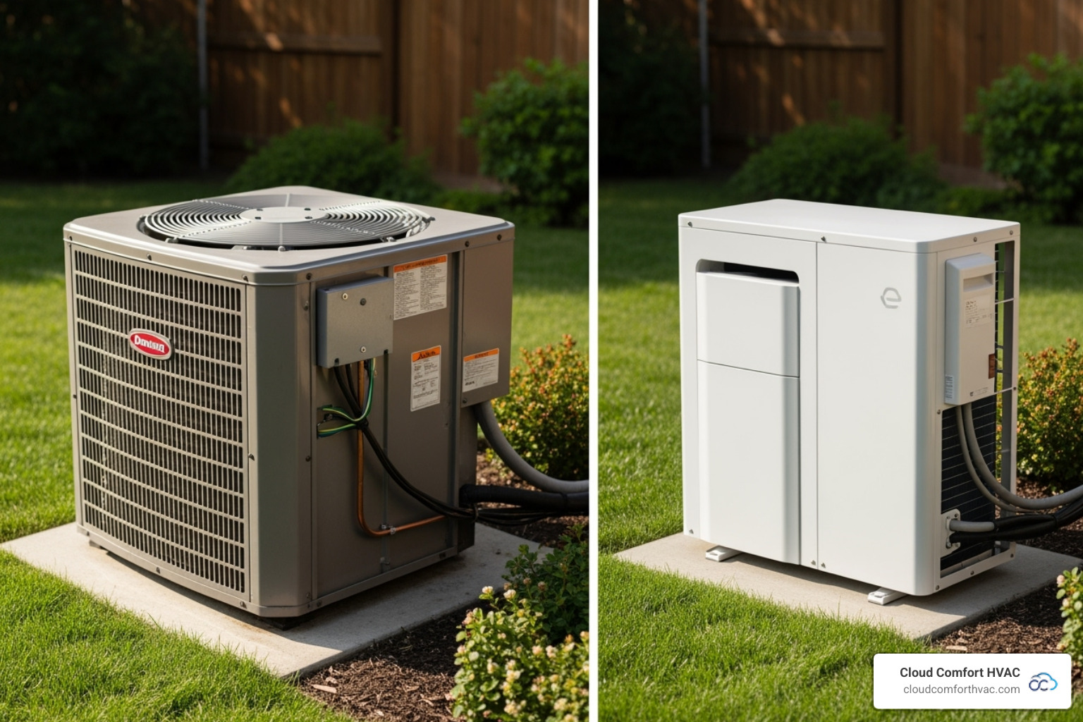side-by-side of a bulky central air unit versus a compact ductless outdoor unit - ductless heating installation contractor harbor city ca side-by-side of a bulky central air unit versus a compact ductless outdoor unit - ductless heating installation contractor harbor city ca