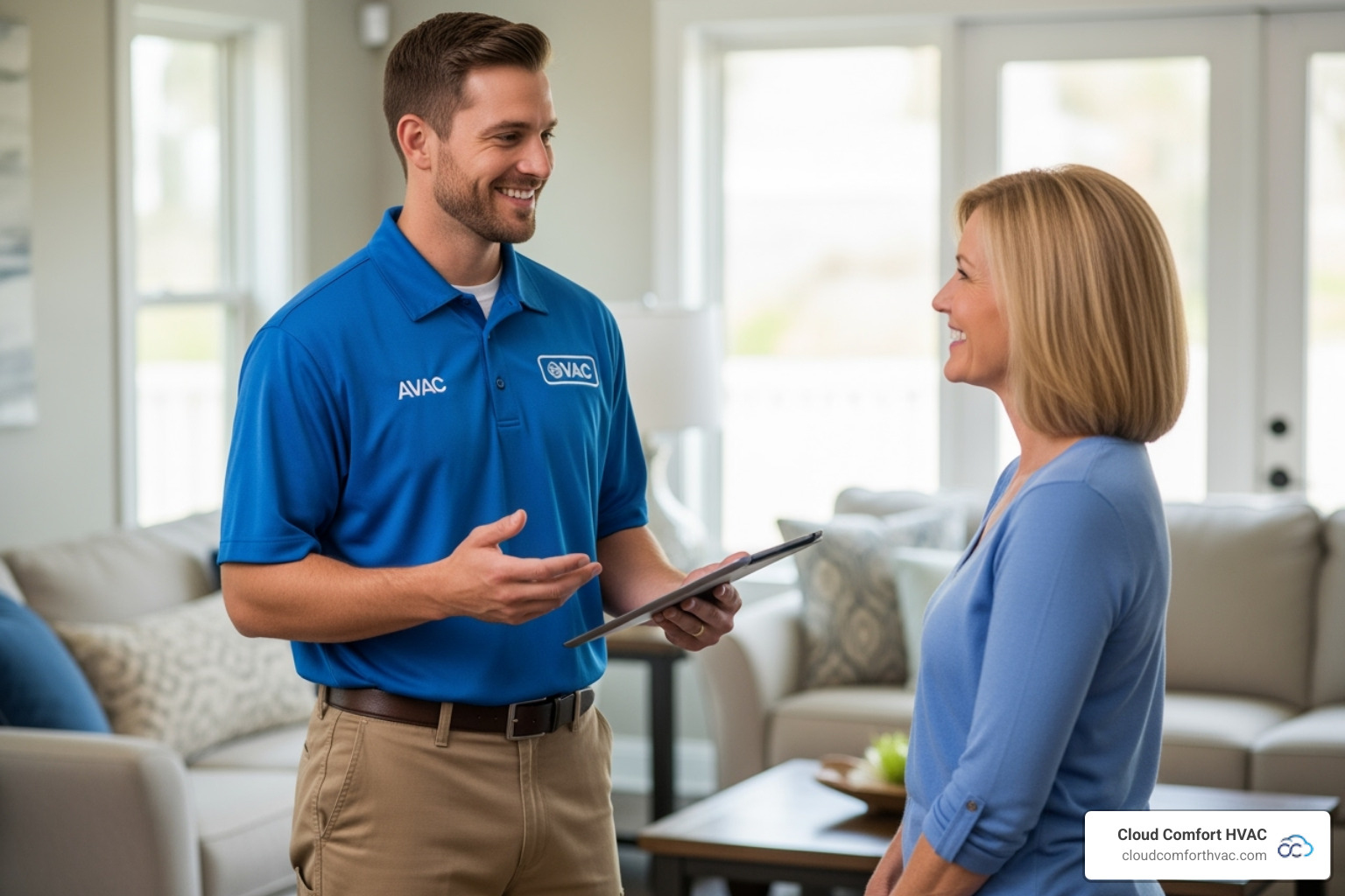 friendly technician talking with homeowner - best heating repair lomita ca