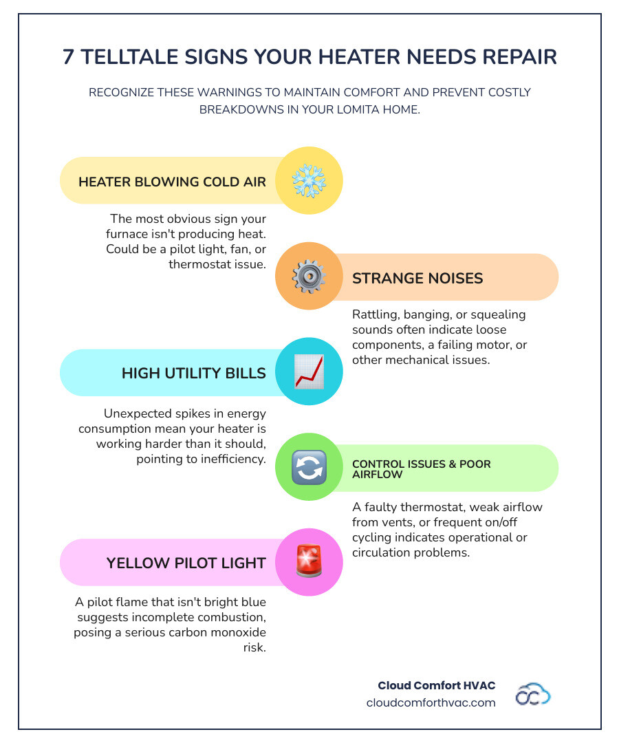 Infographic showing 7 warning signs your heater needs repair: heater blowing cold air instead of warm, strange rattling or banging noises from furnace, unexpectedly high utility bills, thermostat not responding correctly, weak or reduced airflow from vents, system turning on and off frequently, and yellow pilot light instead of blue flame, plus consequences of ignoring these problems including health risks from poor air quality and skyrocketing energy costs - best heating repair lomita ca infographic infographic-line-5-steps-colors