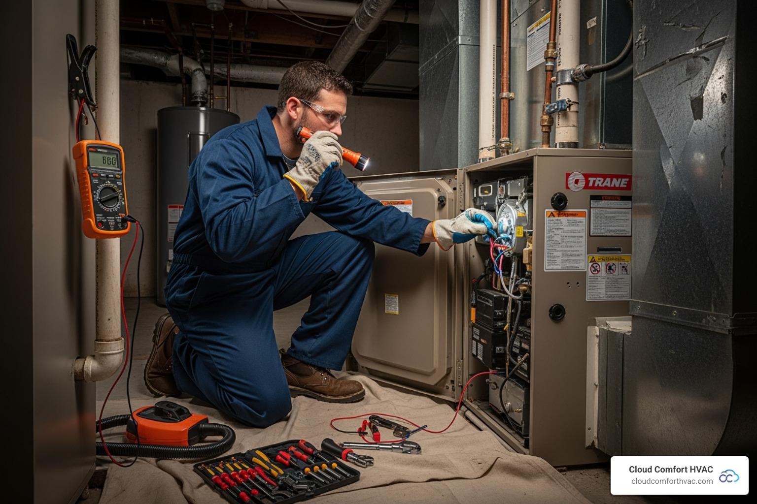 technician inspecting furnace unit - best heating repair lomita ca