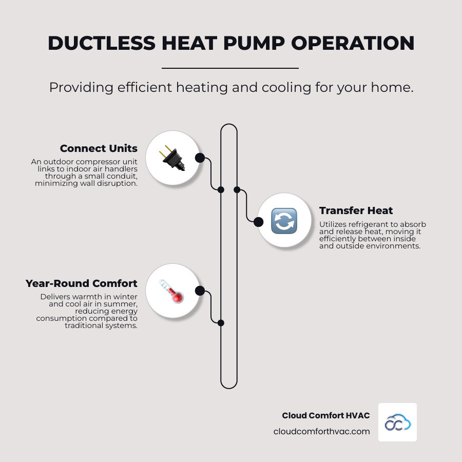 Infographic showing ductless heat pump system components and operation, including outdoor condenser unit, indoor air handler units, refrigerant lines connecting them, and arrows indicating heat transfer process for both heating and cooling modes, with labels for key efficiency ratings SEER2 and HSPF - ductless heating installation cost lomita infographic infographic-line-3-steps-elegant_beige Infographic showing ductless heat pump system components and operation, including outdoor condenser unit, indoor air handler units, refrigerant lines connecting them, and arrows indicating heat transfer process for both heating and cooling modes, with labels for key efficiency ratings SEER2 and HSPF - ductless heating installation cost lomita infographic infographic-line-3-steps-elegant_beige
