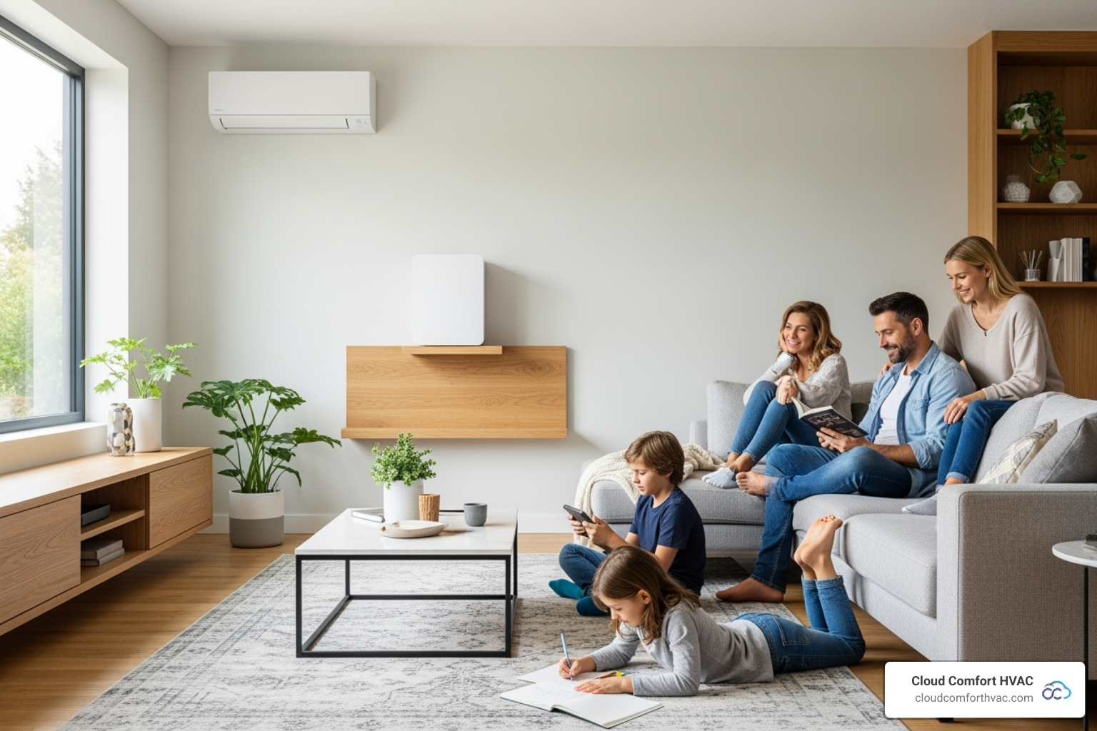Family enjoying their comfortable home, highlighting the quiet operation of a ductless system - ductless heating installation cost lomita Family enjoying their comfortable home, highlighting the quiet operation of a ductless system - ductless heating installation cost lomita