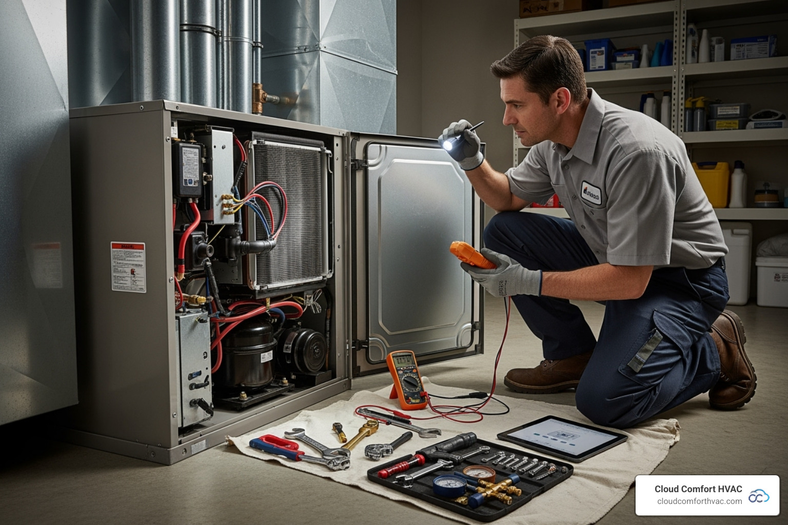 technician professionally inspecting a heat pump's internal components - heat pump repair harbor city ca technician professionally inspecting a heat pump's internal components - heat pump repair harbor city ca