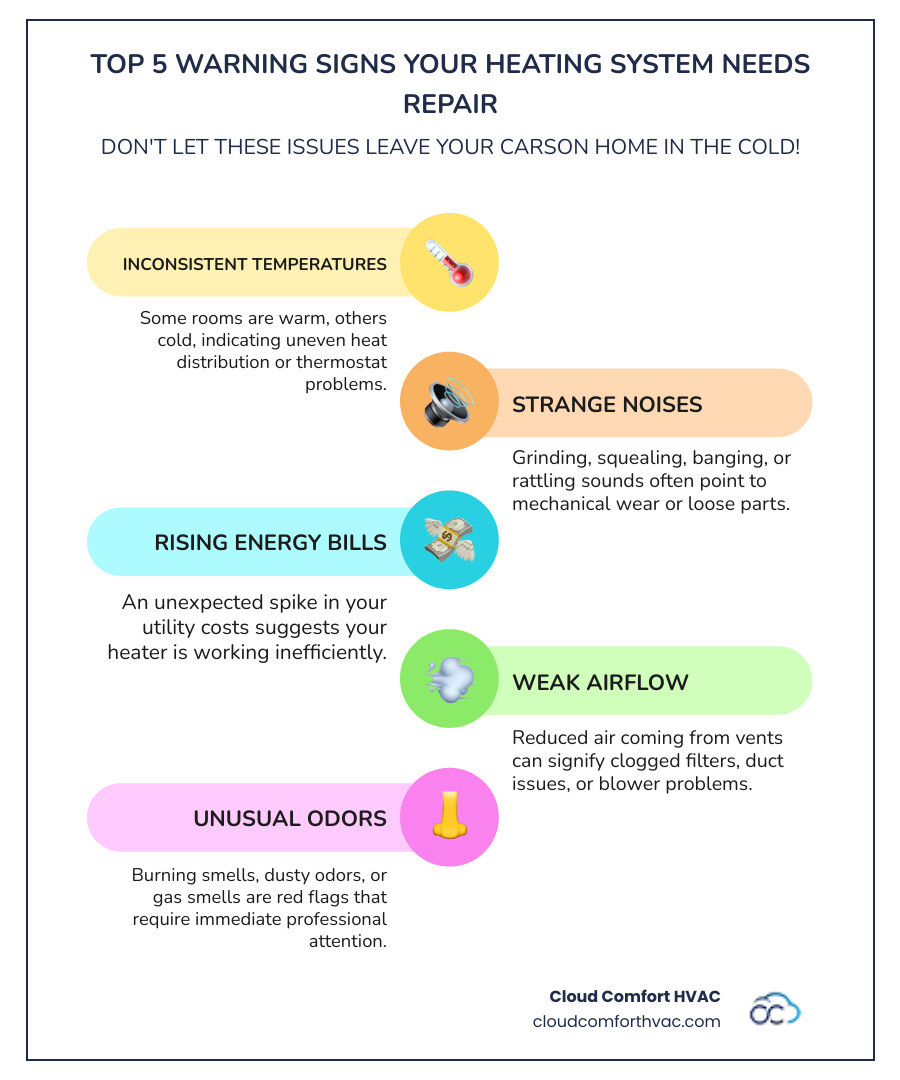Infographic showing top 5 warning signs your heating system needs repair including inconsistent temperatures, strange noises, rising energy bills, weak airflow, and unusual odors - heating repair carson ca infographic infographic-line-5-steps-colors Infographic showing top 5 warning signs your heating system needs repair including inconsistent temperatures, strange noises, rising energy bills, weak airflow, and unusual odors - heating repair carson ca infographic infographic-line-5-steps-colors