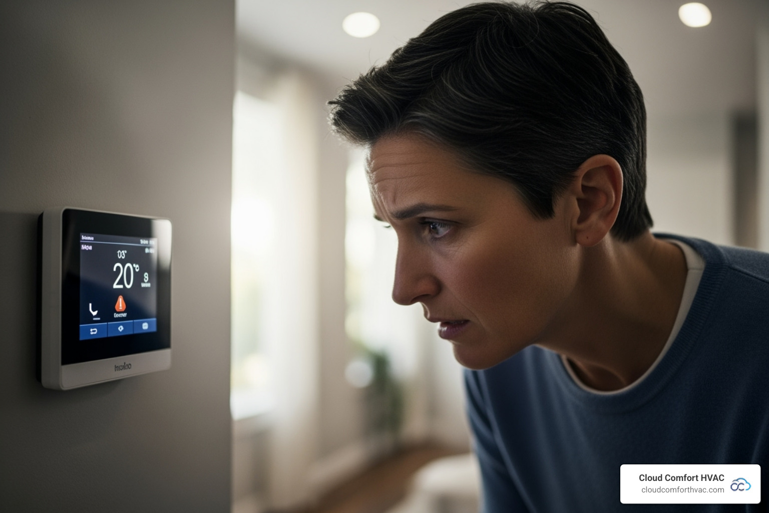Homeowner looking at their thermostat with a concerned expression - heating repair carson ca Homeowner looking at their thermostat with a concerned expression - heating repair carson ca