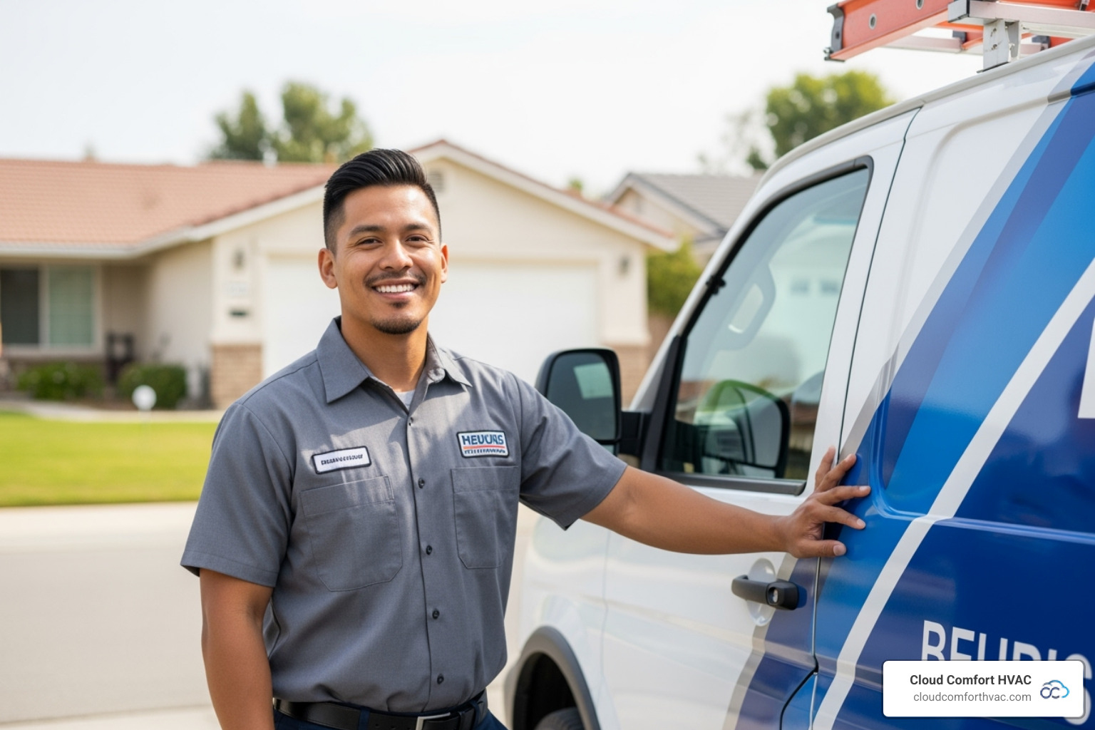 Friendly, professional HVAC technician with a van in a Carson, CA driveway - heating repair carson ca Friendly, professional HVAC technician with a van in a Carson, CA driveway - heating repair carson ca