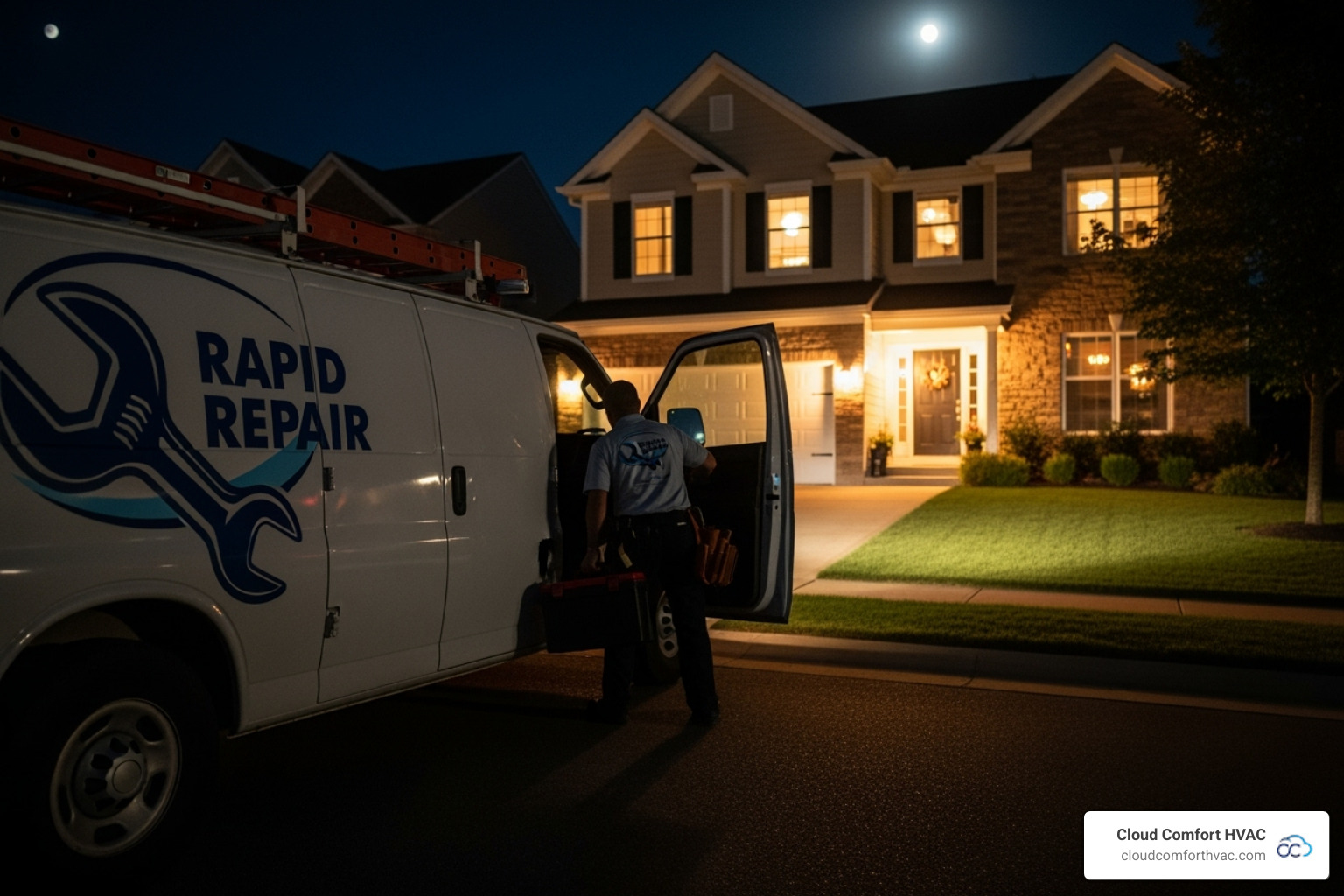 service van arriving at a home at night - heating repair contractor torrance ca service van arriving at a home at night - heating repair contractor torrance ca