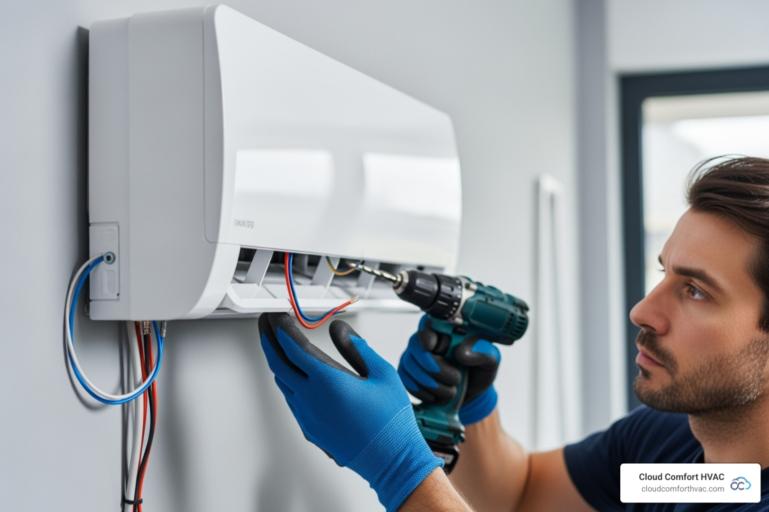A close-up image showing a professional HVAC technician meticulously mounting a sleek, white indoor ductless unit on a wall, ensuring a clean and precise fit. - ductless heating installation contractor palos verdes ca A close-up image showing a professional HVAC technician meticulously mounting a sleek, white indoor ductless unit on a wall, ensuring a clean and precise fit. - ductless heating installation contractor palos verdes ca