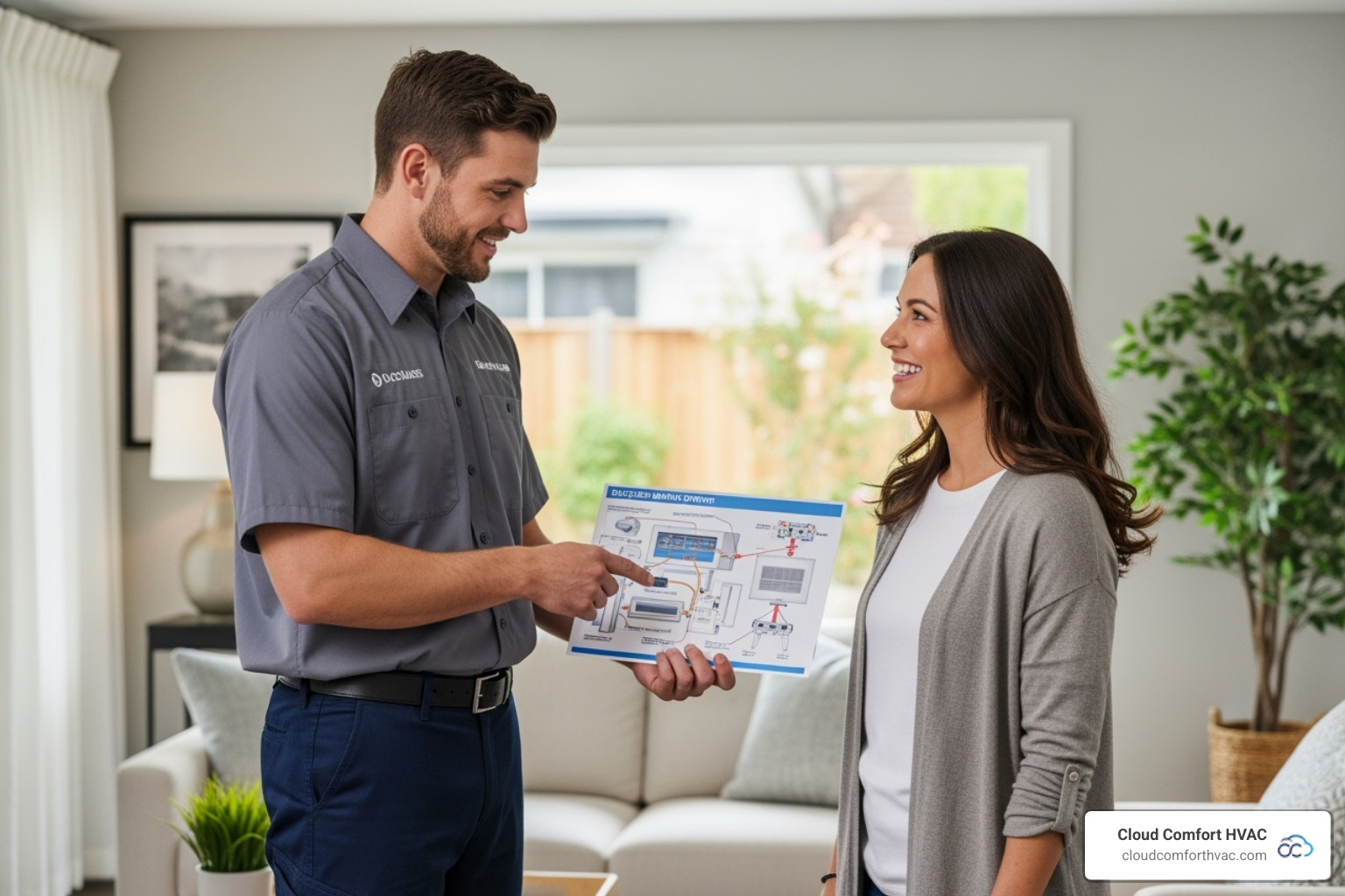 A professional HVAC technician in a clean uniform consulting with a smiling homeowner in a modern Palos Verdes home, pointing to a diagram of a ductless system. - ductless heating installation contractor palos verdes ca A professional HVAC technician in a clean uniform consulting with a smiling homeowner in a modern Palos Verdes home, pointing to a diagram of a ductless system. - ductless heating installation contractor palos verdes ca