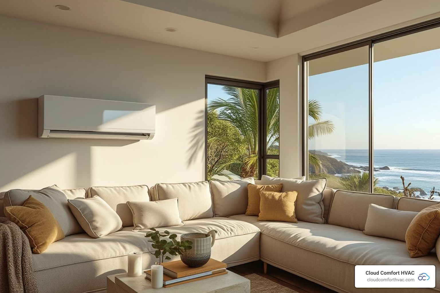 A comfortable, modern living room in a Palos Verdes home with a sleek wall-mounted ductless unit blending seamlessly with the decor, sunlight streaming through a window revealing a glimpse of the ocean outside. - ductless heating installation contractor palos verdes ca A comfortable, modern living room in a Palos Verdes home with a sleek wall-mounted ductless unit blending seamlessly with the decor, sunlight streaming through a window revealing a glimpse of the ocean outside. - ductless heating installation contractor palos verdes ca