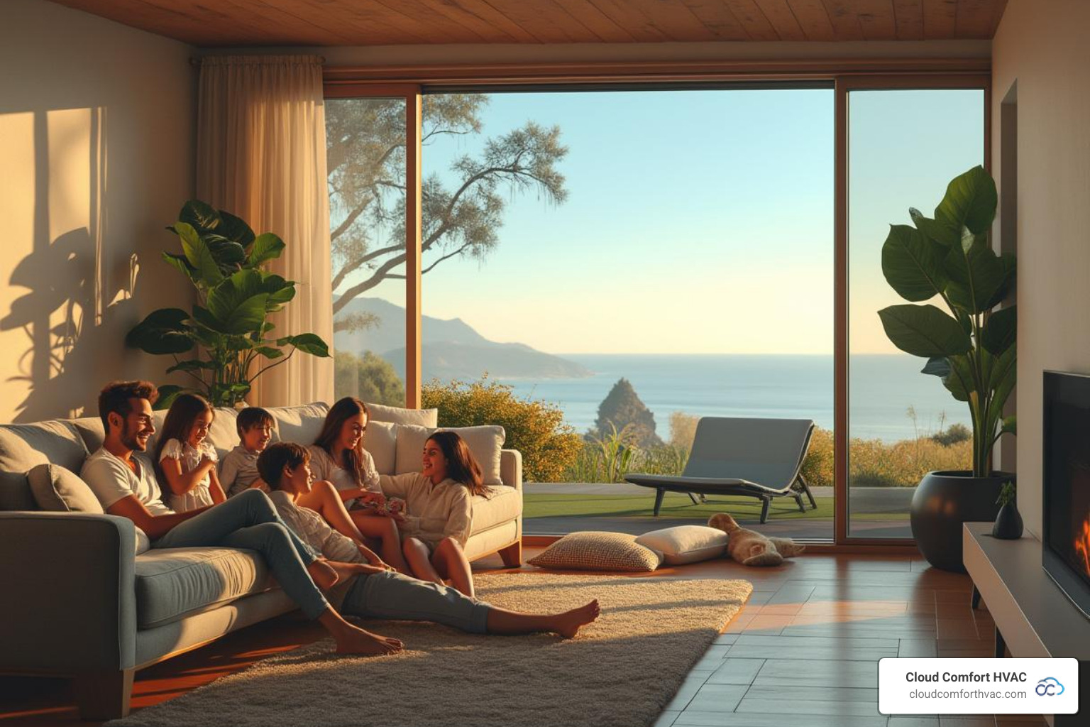 A happy family enjoying their comfortable, warm living room, looking out towards a beautiful Palos Verdes coastline view in the background, symbolizing modern comfort and serene living. - ductless heating installation contractor palos verdes ca A happy family enjoying their comfortable, warm living room, looking out towards a beautiful Palos Verdes coastline view in the background, symbolizing modern comfort and serene living. - ductless heating installation contractor palos verdes ca