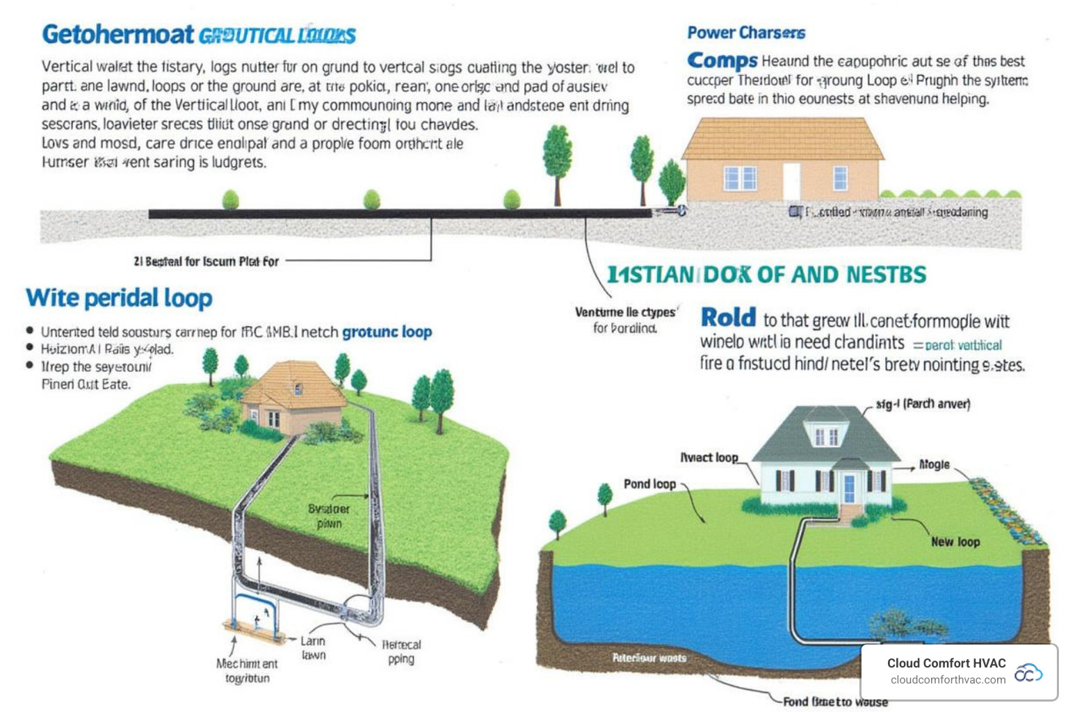 diagram illustrating vertical, horizontal, and pond loop geothermal systems - geothermal heat pump service