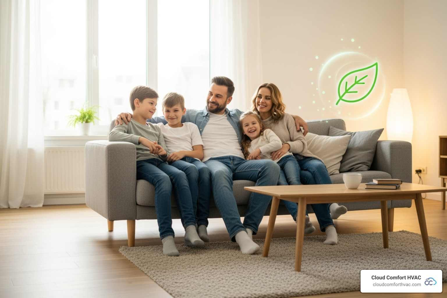 family enjoying comfortable home with energy saving icon - geothermal heat pump service