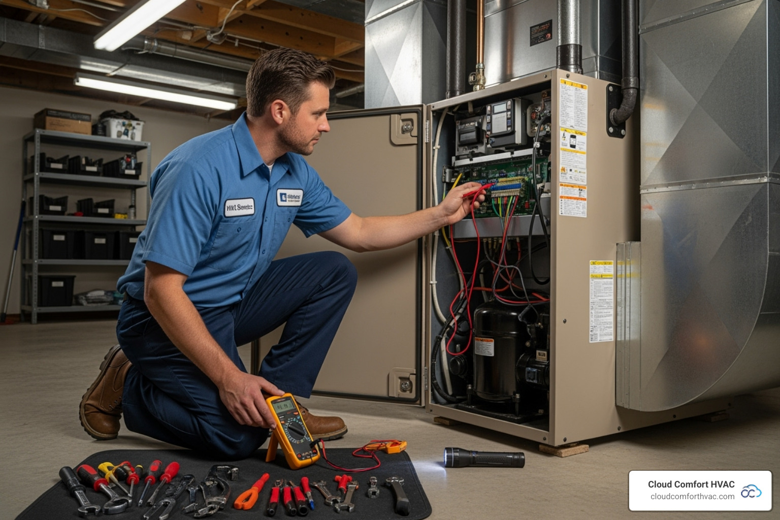 technician performing maintenance on an indoor HVAC unit - geothermal heat pump service