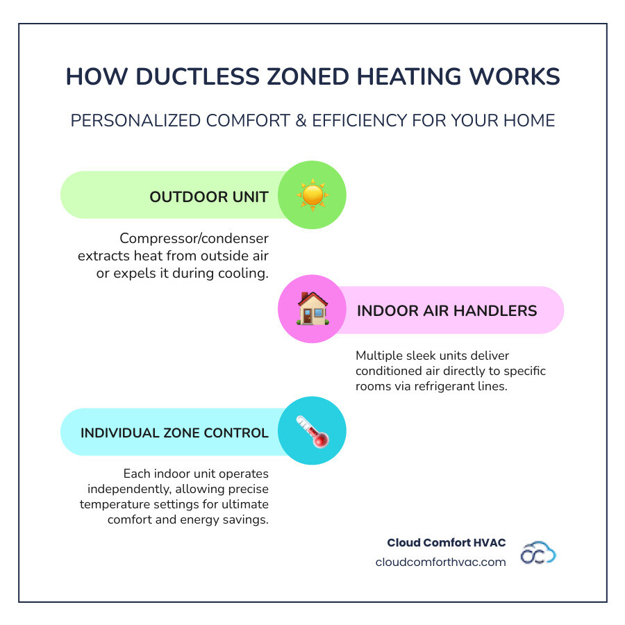 infographic showing how ductless zoned heating works with outdoor unit connected to multiple indoor units in different rooms, each with independent temperature control - best ductless heating installation redondo beach ca infographic infographic-line-3-steps-colors infographic showing how ductless zoned heating works with outdoor unit connected to multiple indoor units in different rooms, each with independent temperature control - best ductless heating installation redondo beach ca infographic infographic-line-3-steps-colors
