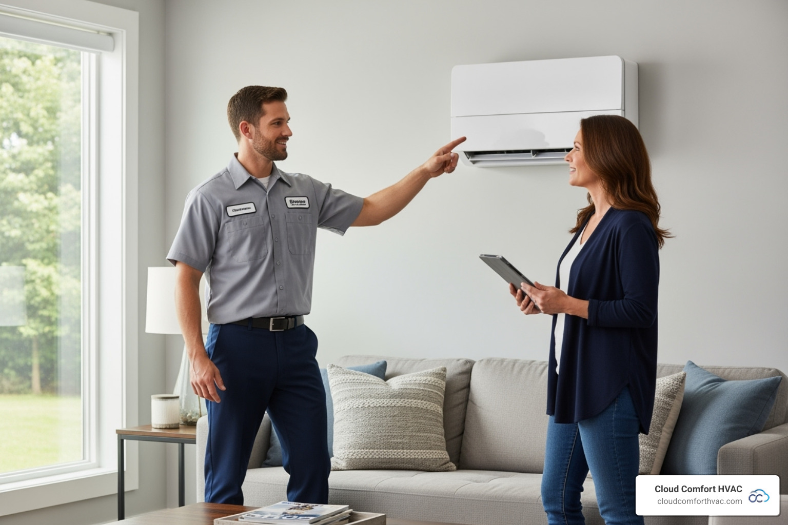 Friendly HVAC technician discussing ductless heating options with a homeowner - best ductless heating installation torrance ca