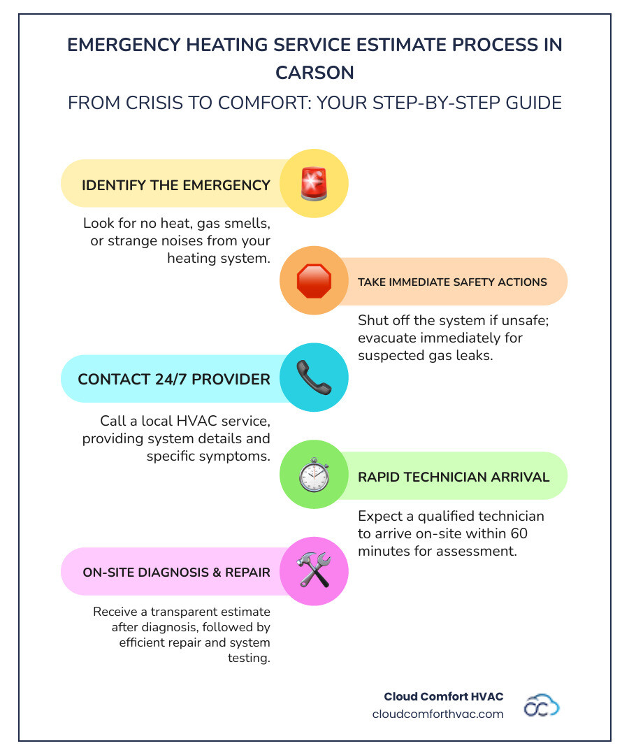 Infographic showing the emergency heating service estimate process in Carson: Step 1 - Identify the emergency (no heat, gas smell, strange noises), Step 2 - Take safety actions (turn off system if unsafe, evacuate for gas leaks), Step 3 - Call 24/7 provider with system details, Step 4 - Technician arrives within 60 minutes, Step 5 - On-site diagnosis and transparent estimate, Step 6 - Repair completed with system testing - emergency heating service estimate carson infographic infographic-line-5-steps-colors